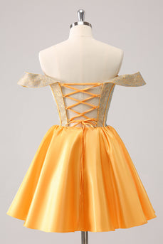 Yellow Off The Shoulder A-Line Short Homecoming Dress with Beading