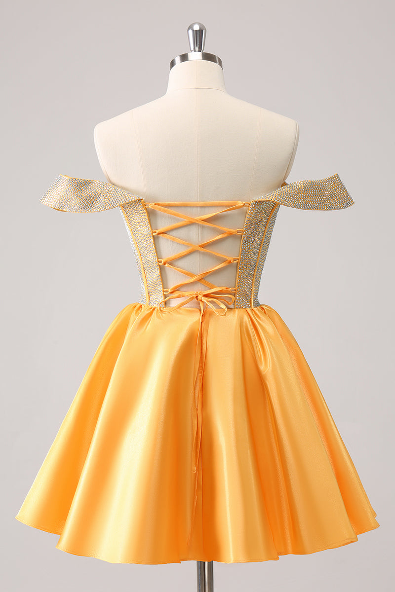 Load image into Gallery viewer, Yellow Off The Shoulder A-Line Short Homecoming Dress with Beading