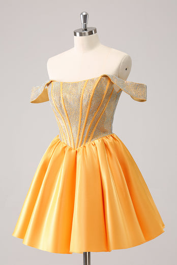 Yellow Off The Shoulder A-Line Short Homecoming Dress with Beading