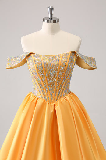 Yellow Off The Shoulder A-Line Short Homecoming Dress with Beading