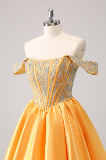 Yellow Off The Shoulder A-Line Short Homecoming Dress with Beading