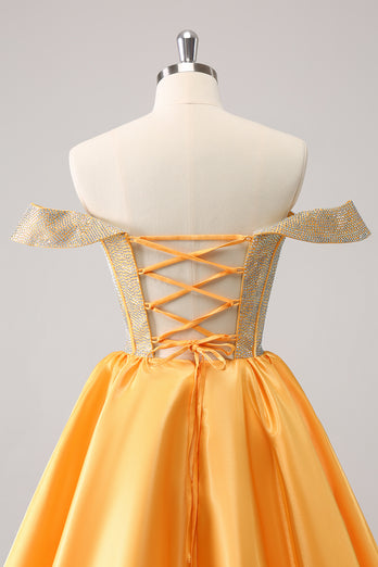 Yellow Off The Shoulder A-Line Short Homecoming Dress with Beading