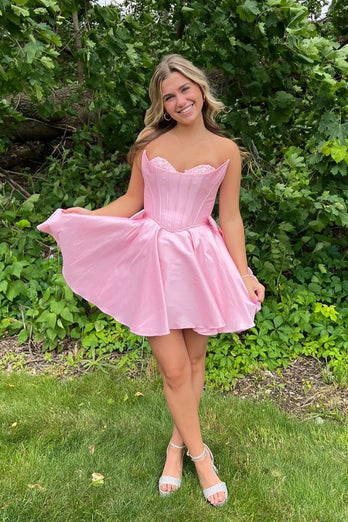 A-Line Pink Strapless Satin Homecoming Dress