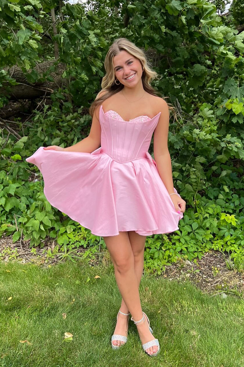 Load image into Gallery viewer, A-Line Pink Strapless Satin Homecoming Dress