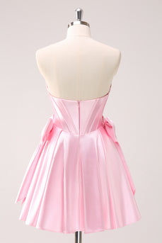 Sparkly Pink A-Line Strapless Satin Short Homecoming Dress