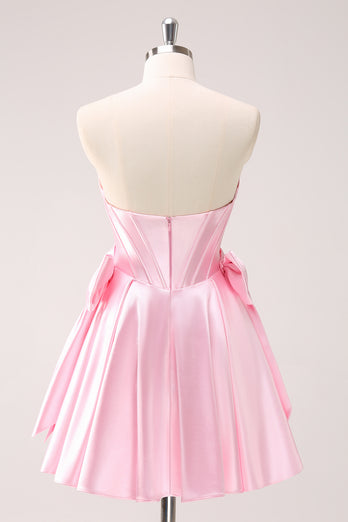 Sparkly Pink A-Line Strapless Satin Short Homecoming Dress