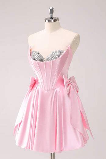 Sparkly Pink A-Line Strapless Satin Short Homecoming Dress