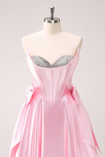 Sparkly Pink A-Line Strapless Satin Short Homecoming Dress