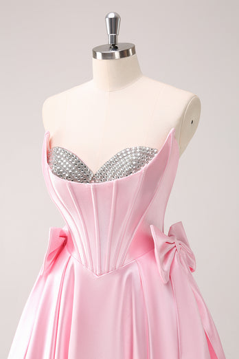 Sparkly Pink A-Line Strapless Satin Short Homecoming Dress