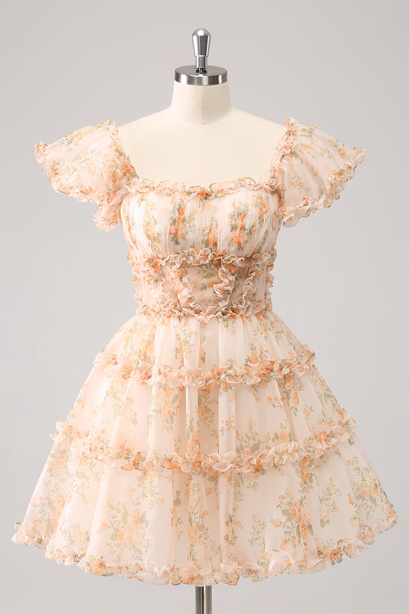 Load image into Gallery viewer, Yellow A-Line Floral Tulle Homecoming Dress with Puff Sleeves