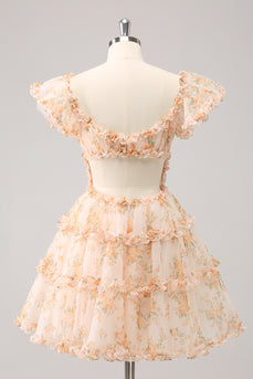 Yellow A-Line Floral Tulle Homecoming Dress with Puff Sleeves