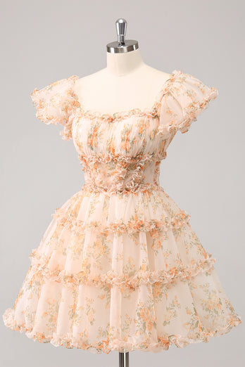 Yellow A-Line Floral Tulle Homecoming Dress with Puff Sleeves