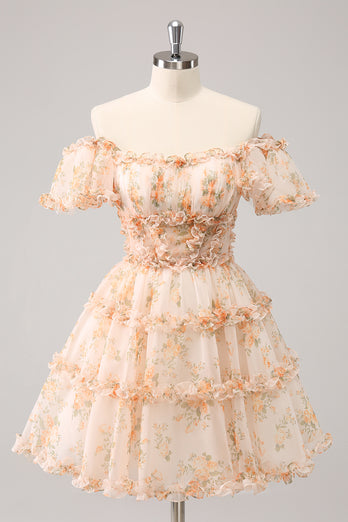 Yellow A-Line Floral Tulle Homecoming Dress with Puff Sleeves