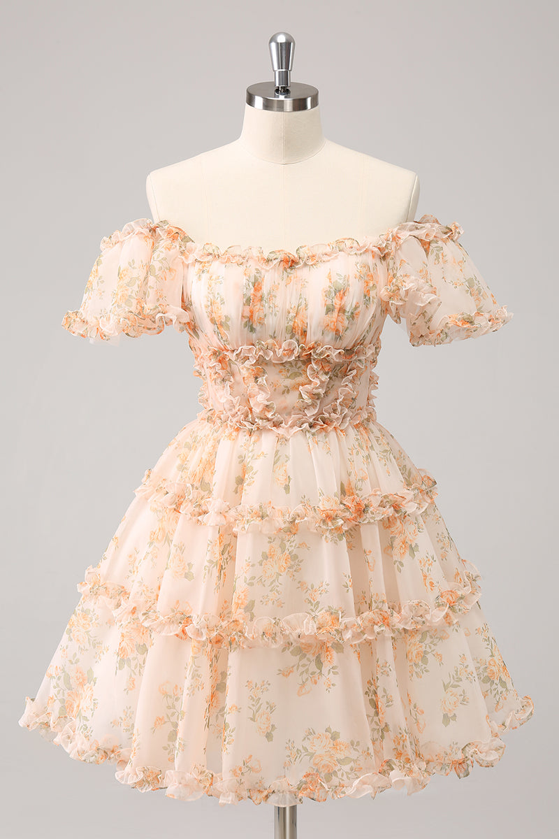 Load image into Gallery viewer, Yellow A-Line Floral Tulle Homecoming Dress with Puff Sleeves