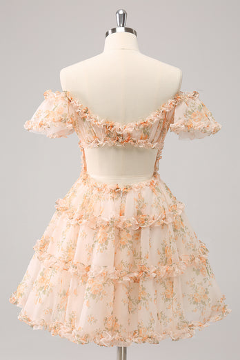 Yellow A-Line Floral Tulle Homecoming Dress with Puff Sleeves