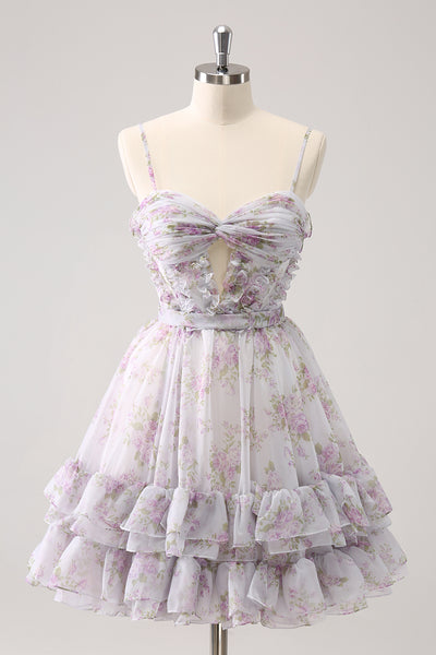 Lilac A-Line Spaghetti Straps Floral Tulle Homecoming Dress with Keyhole