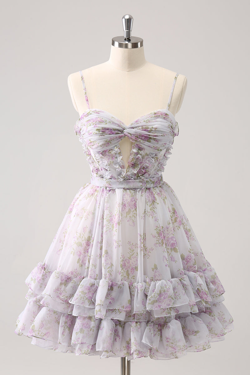 Load image into Gallery viewer, Lilac A-Line Spaghetti Straps Floral Tulle Homecoming Dress with Keyhole