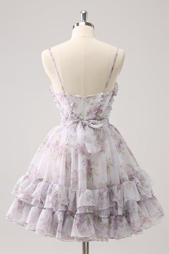 Lilac A-Line Spaghetti Straps Floral Tulle Homecoming Dress with Keyhole