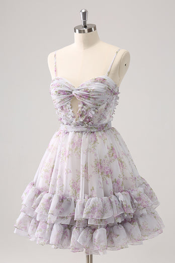 Lilac A-Line Spaghetti Straps Floral Tulle Homecoming Dress with Keyhole