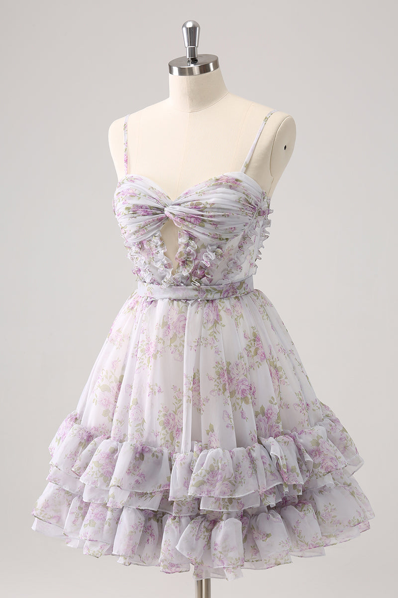 Load image into Gallery viewer, Lilac A-Line Spaghetti Straps Floral Tulle Homecoming Dress with Keyhole