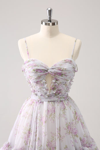 Lilac A-Line Spaghetti Straps Floral Tulle Homecoming Dress with Keyhole