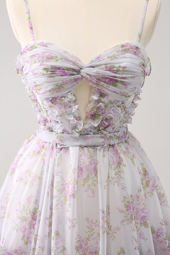 Lilac A-Line Spaghetti Straps Floral Tulle Homecoming Dress with Keyhole