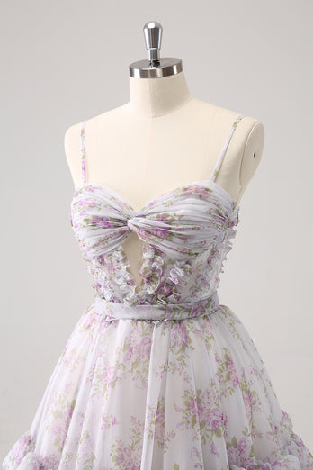 Lilac A-Line Spaghetti Straps Floral Tulle Homecoming Dress with Keyhole