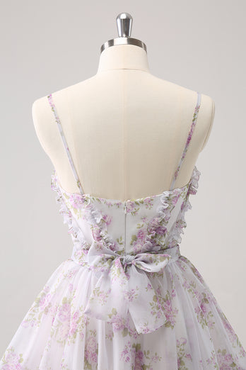 Lilac A-Line Spaghetti Straps Floral Tulle Homecoming Dress with Keyhole