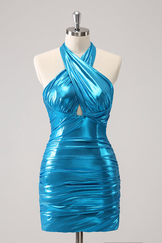 Blue Halter Bodycon Short Homecoming Dress with Keyhole