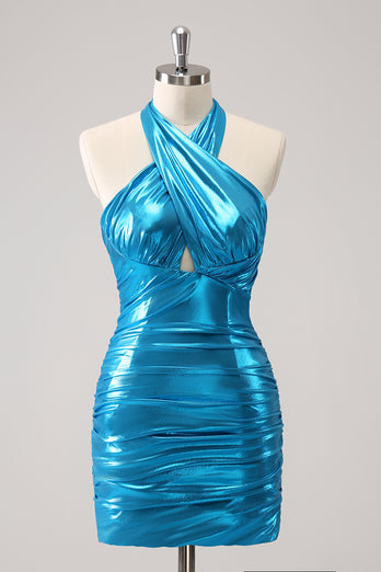 Blue Halter Bodycon Short Homecoming Dress with Keyhole