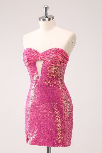 Sparkly Fuchsia Sweetheart Tight Short Homecoming Dress with Keyhole