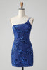 Load image into Gallery viewer, Sparkly Royal Blue One Shoulder Sequined Homecoming Dress with Embroidery