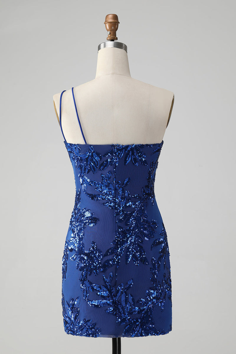 Load image into Gallery viewer, Sparkly Royal Blue One Shoulder Sequined Homecoming Dress with Embroidery