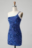 Load image into Gallery viewer, Sparkly Royal Blue One Shoulder Sequined Homecoming Dress with Embroidery