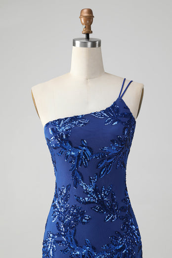 Sparkly Royal Blue One Shoulder Sequined Homecoming Dress with Embroidery