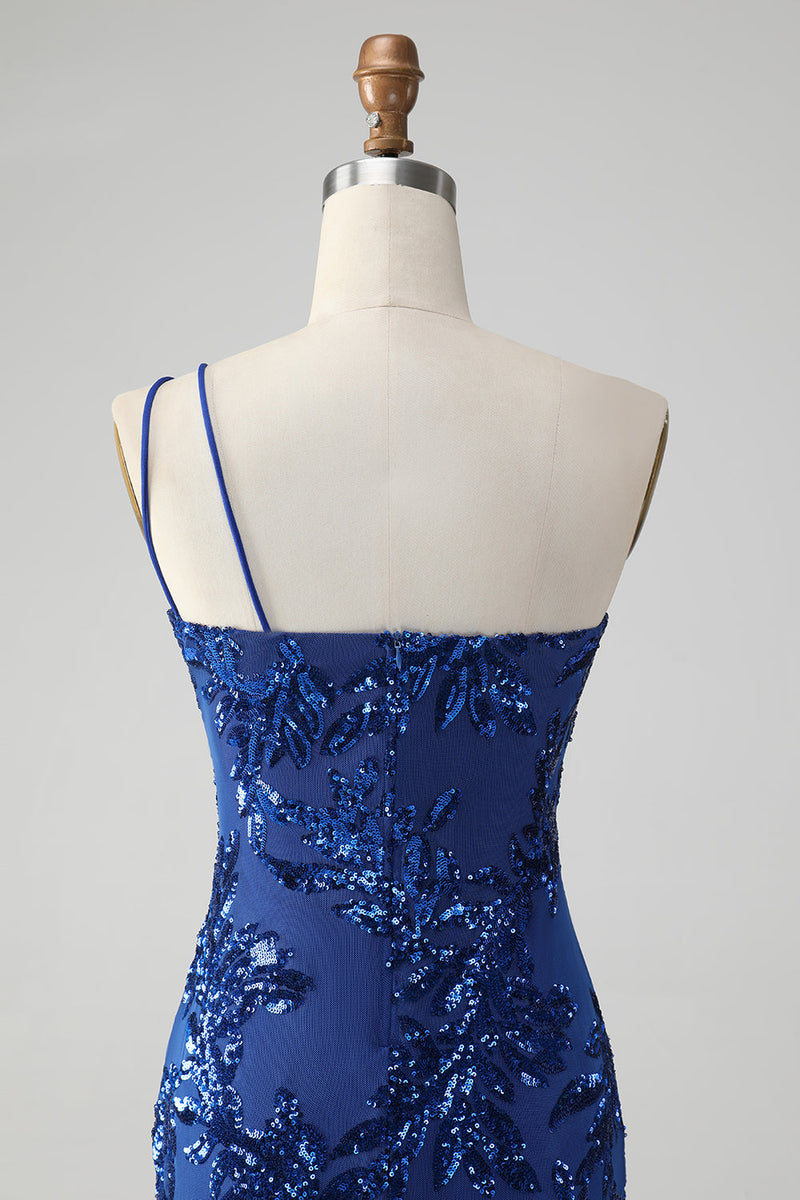 Load image into Gallery viewer, Sparkly Royal Blue One Shoulder Sequined Homecoming Dress with Embroidery