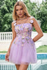 Load image into Gallery viewer, Purple A-Line Spaghetti Straps Floral Short Homecoming Dress