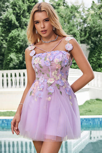 Purple A-Line Spaghetti Straps Floral Short Homecoming Dress