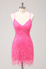 Load image into Gallery viewer, Sparkly Spaghetti Straps Hot Pink Sequined Homecoming Dress with Fringen