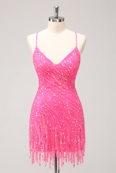 Sparkly Spaghetti Straps Hot Pink Sequined Homecoming Dress with Fringen