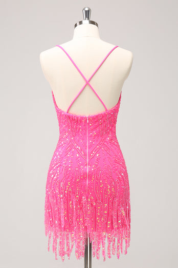 Sparkly Spaghetti Straps Hot Pink Sequined Homecoming Dress with Fringen