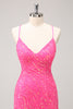 Load image into Gallery viewer, Sparkly Spaghetti Straps Hot Pink Sequined Homecoming Dress with Fringen