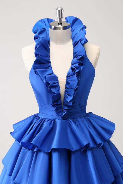 A-Line Royal Blue Halter Tiered Homecoming Dress with Ruffles