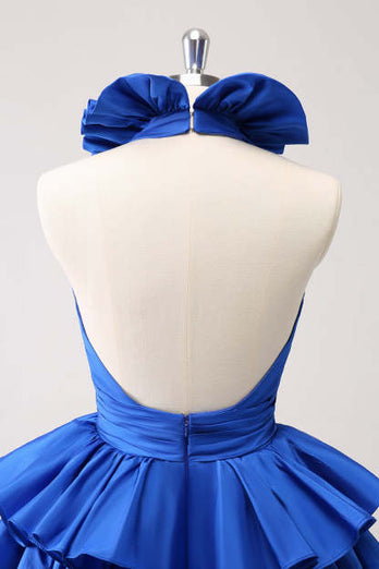 A-Line Royal Blue Halter Tiered Homecoming Dress with Ruffles