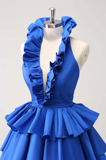 A-Line Royal Blue Halter Tiered Homecoming Dress with Ruffles