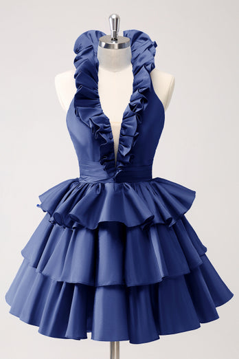 A-Line Royal Blue Halter Tiered Homecoming Dress with Ruffles