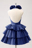 Load image into Gallery viewer, A-Line Royal Blue Halter Tiered Homecoming Dress with Ruffles