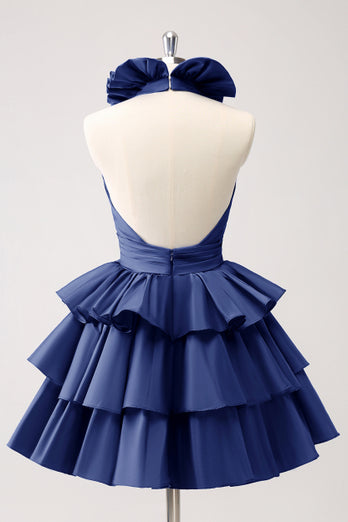 A-Line Royal Blue Halter Tiered Homecoming Dress with Ruffles