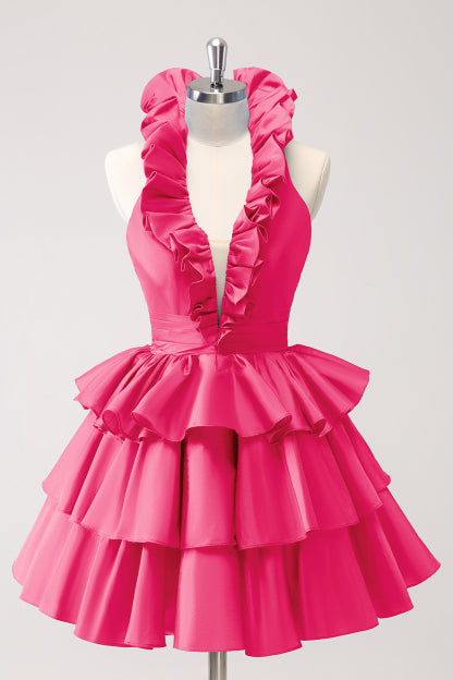 Load image into Gallery viewer, Red A-Line Halter Tiered Homecoming Dress with Ruffles