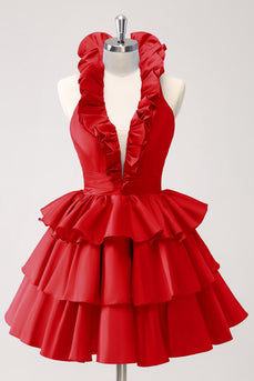 Red A-Line Halter Tiered Homecoming Dress with Ruffles